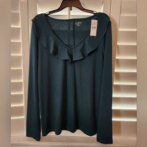 Loft Outlet dark green long sleeve V neck top with flutter detail, M, NWT